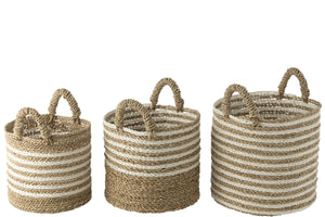 Mand rond gestreept raffia wit/natuur