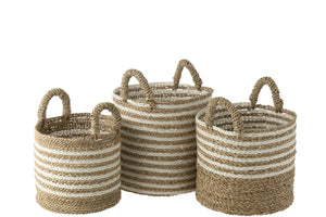 Mand rond gestreept raffia wit/natuur